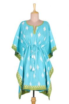 Keep yourself cool on summer days wearing this breezy caftan designed by Indian artisan Aftab. Hand crafted from cool comfortable cotton the caftan features a white diamond pattern on a turquoise base. The artisan adds a beaded drawstring tassel that cinches at the waist and pretty sap green trim. Sap Green, Cotton Caftan, Buy Prints, Diamond Pattern, White Diamond, Printed Cotton, Hand Crafted, Premium Quality, Cover Up