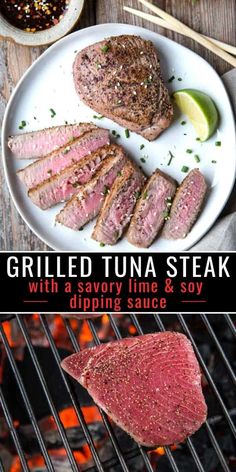 grilled tuna steak with a savory lime and soy dipping sauce on the grill