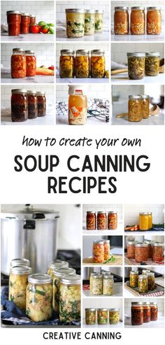 an image of canned soup canning recipes in jars and on the shelf with text overlay