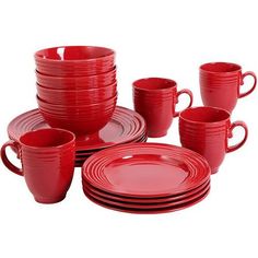 red dishes and cups are stacked on top of each other