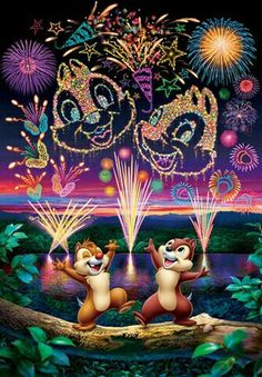 two chipmuns on a log with fireworks in the sky and trees behind them