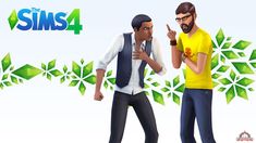 two men standing next to each other in front of a green and white background with the words the sims 4 on it