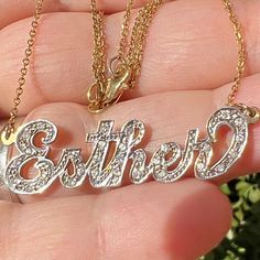 This Beautiful Esther Name Plate Necklace Was Custom Made In The Early 2000’s In The Jewelry District In Nyc, That Skilled Jeweler Has Retired Since. The Necklace Is Approximately 20-21” Long With Tiny Beautifully Sparkling Pave Diamonds ( No Carat Weight Available) Very Secure Lobster Lock. Stamped 14k On The Lock, Also Fully Tested In Several Places To Confirm. Please Find Weight & Measurements In Pictures As Part Of Description. Price Is Very Firm & Not Negotiable, Sorry! Stunning Vintage Cus Esther Name, Name Plate Necklace, Plate Necklace, Name Plate, Pave Diamonds, Womens Jewelry Necklace, The Necklace, Gold Diamond, Silver Gold