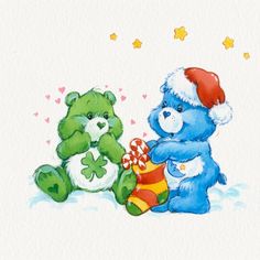 two teddy bears sitting next to each other on a snow covered ground with stars in the background