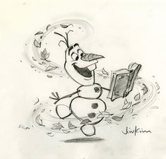 a pencil drawing of a cartoon character reading a book