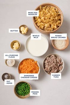 the ingredients to make an easy pasta dish are shown in bowls and labeled with their names