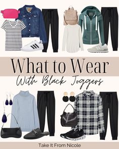 what to wear with black joggers - how to style black joggers - black joggers outfits How To Style Black Joggers, Easy Outfits To Put Together, Jogger Outfit Casual, Oversized Cardigan Outfit, Black Joggers Outfit, How To Wear Joggers, Linen Shirt Outfit, Flannel Shirt Outfit, Denim Shirt Outfit