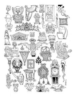 a drawing of many different things in black and white