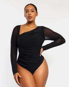 Built-In Shapewear 2-In-1 Slanted V-Neck Mesh Top | Shapellx Asymmetrical Stretch Solid Bodysuit, Asymmetrical Stretch Solid Color Bodysuit, Shaping Bodysuit, Black Friday In July, Waist Trainer Workout, Tummy Shaper, Apple Body Shapes, Low Intensity Workout, Black Mesh Top