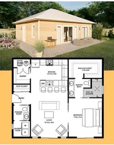 the floor plan for a small cabin with an attached kitchen and living room, as well as