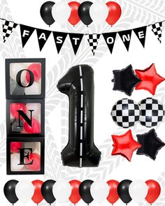 a black and white number one birthday party decorationating kit with balloons, streamers and decorations