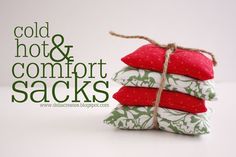 four red and white pillows tied to each other with the words cold, hot & comfort sacks