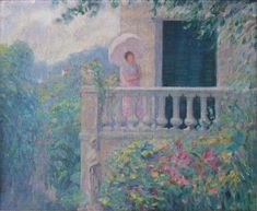 a painting of a woman standing on a balcony next to flowers and bushes with an umbrella over her head