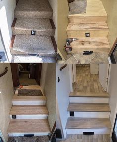 the stairs are made from wood and have been installed to match the flooring material