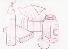 a pencil drawing of an apple, books and other items on a table with a paper towel