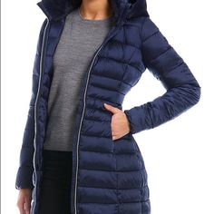 Gently Used Condition! Only Selling Because I Have Way Too Many Puffer Coats Like This. Size: 1 Equivalent To A Us Size M Fits True To Size! Navy Fitted Outerwear For Cold Weather, Blue Fitted Puffer Jacket For Fall, Fitted Blue Puffer Jacket For Fall, Navy Puffer Jacket For Cold Weather In Fall, Navy Puffer Jacket For Cold Fall Weather, Casual Navy Puffer Jacket For Fall, Duck Blue, Duck Jacket, Puffer Coats