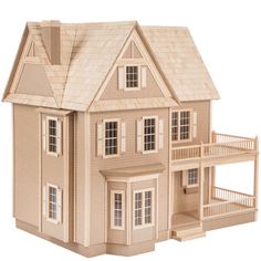 a wooden doll house with two stories and a balcony on the second floor, set against a white background