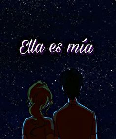 two people looking up at the stars in the night sky with spanish words above them