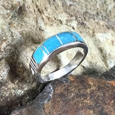 David Rosales Arizona Blue Inlaid Sterling Silver Ring Fine Jewelry With Inlay For Anniversary, Fine Jewelry Ring With Inlay As A Gift, Fine Jewelry Ring With Inlay For Gift, Fine Jewelry Ring With Inlay Perfect As A Gift, Southwestern Style Rings With Inlay, Southwestern Round Rings With Inlay, Elegant Turquoise Inlay Rings, Turquoise Rings With Polished Finish For Anniversary, Sterling Silver Inlay Ring