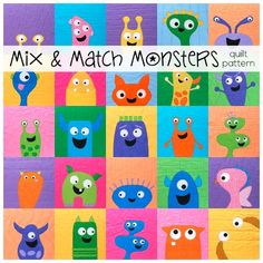 an image of a book cover with many different monsters on it and the title, mix & match monsters quilt pattern