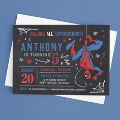 a birthday card with an image of a spiderman on it and the text, calling all superheros is turning 5