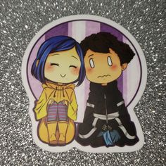 a sticker with an image of two people sitting next to each other on a table