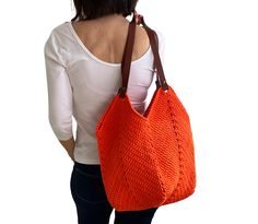 Granny square crochet handbag with rea leather handles. - Cotton macrame. Color: Neon orange. - Removable real leather handles. - Custom order are welcome ! - The leather handles of this bag are snap fastened and can be easily removed. After removing the handles, you can wash them in the washing machine on the delicate program. You can use this bag very comfortably for grocery shopping and on the beach because it is very easy to wash when it gets dirty. If you want to knit this bag yourself, you Orange Crochet Bag With Braided Handles For Travel, Square Crochet Bag With Braided Handles For Shopping, Orange Crochet Bag With Braided Handles For Everyday Use, Square Beach Bag With Leather Handles For Everyday Use, Orange Rectangular Crochet Bag For Shopping, Everyday Square Crochet Bag With Leather Handles, Orange Crochet Bag For Everyday Use, Square Crochet Bag With Braided Handles For Daily Use, Orange Rectangular Crochet Bag For Daily Use