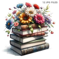 a stack of books with flowers on top of each book and the title 12 jpg files