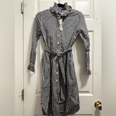 New With Tag J. Crew Gingham Long Sleeved Ruffle Shirt Dress Size 00p Casual Collared Gingham Dress, Casual Gingham Collared Dress, Gingham Dresses For Workwear In Fall, Black Plaid Dress For Work In Spring, Fall Gingham Dresses For Work, Spring Plaid Long Sleeve Dress For Work, Spring Long Sleeve Plaid Work Dress, Spring Long Sleeve Plaid Dress For Work, Black Long Sleeve Plaid Dress For Work