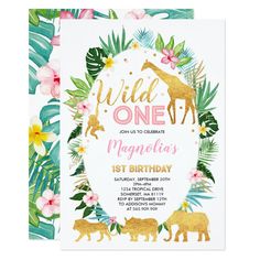 the wild one birthday party card is shown with flowers and giraffes