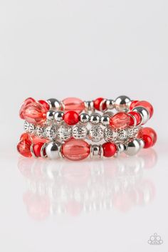 Paparazzi Accessories- Malibu Marina - Red  Bracelets Item #P9WH-RDXX-104XX   An array of glassy and polished red beading and mismatched silver accents are threaded along stretchy elastic bands, creating colorful layers across the wrist.   Sold as one set of three bracelets.   Ordered 5/18/2020 Cheap Red Bohemian Bracelets, Cheap Red Vacation Bracelets, Affordable Red Vacation Bracelets, Cheap Red Beaded Bracelets For Beach, Affordable Red Stretch Bracelet For Holidays, Bracelet Set Silver, Red Bracelets, Classy Jewelry, Paparazzi Accessories