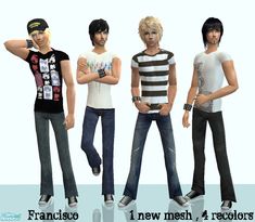 four young men standing next to each other in front of a white background with the words francisco new mesh 4 colors