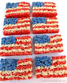 red, white and blue rice krispy treats are arranged in the shape of an american flag