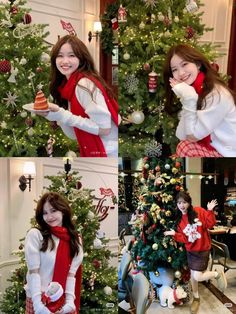 two girls in red and white outfits standing next to a christmas tree