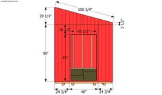 a red shed is shown with measurements for the door