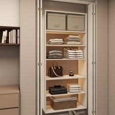 the closet is organized with folded towels and other items in white, beige, and brown colors