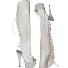 Platform White Leather Lace Up Thigh High Boots Dancewear New Never Worn Before White Pointy Boots, Pleasers Heels, Lace Up Thigh High Boots, White Thigh Highs, Pointy Boots, Pleaser Heels, Leather Thigh High Boots, Pleaser Shoes, Heel Boots