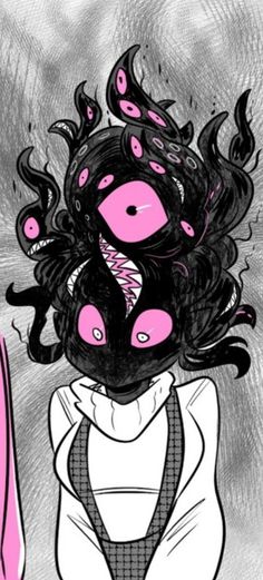 a drawing of a girl with pink eyes and black hair