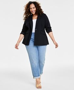 in stock Plus Size Blazers, Plus Size Blazer, Plus Size Coats, Plus Size Black, Knit Blazer, Deep Black, Black Blazers, Trendy Plus Size, Long A Line