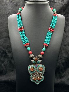 Tibetan Beautiful Design Old Necklace With Natural Turquoise Coral And Agate Stone. Necklace Length 22 Inches. Shipping Payment Feedback & Return Policy 1 : We ship Monday to Friday Via Airmail Register Insured  With Tracking # takes 2 to 4 Weeks to Destination. 2 : Contact us if you did not receive your item after 4 weeks. 3 : We Accept Payment Only Via PayPal. 4 : In Any Inconvenience Case we do Accept Return and full Refund. 5 : We Ship worldwide via Airmail Registered with Tracking # provide Turquoise Gemstone Beads Pendant Jewelry, Turquoise Pendant Beaded Necklace With Natural Stones, Turquoise Natural Stones Long Beaded Necklace, Turquoise Gemstone Long Beaded Necklace, Turquoise Beaded Pendant Jewelry, Turquoise Natural Stones Long Necklace, Turquoise Gemstone Necklaces With Round Beads, Green Jewelry With 108 Beads For Festival, Turquoise Long Necklace With Natural Stones