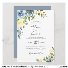 a wedding card with blue and yellow flowers