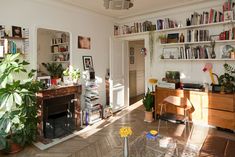 a living room filled with lots of furniture and bookshelves next to a fire place