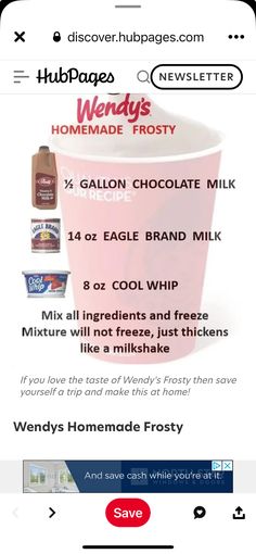 the menu for wendy's hot chocolate frosted milkshake is displayed on an iphone