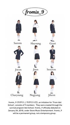 an advertisement with the names of women's clothing in english and korean characters, including two