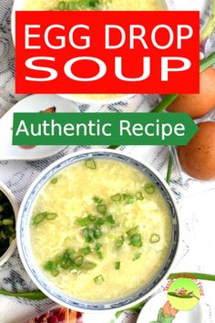 an egg drop soup recipe in a bowl with green onions and eggs on the side