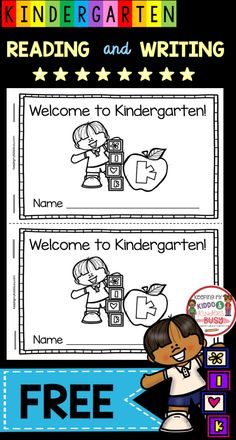 two children's reading and writing posters with the words welcome to kindergarten