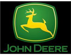 the john deere logo is shown in green and yellow with an antelope on it