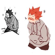 a drawing of a boy with red hair sitting on the ground next to a cat