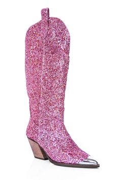 We designed the perfect pink glitter cowgirl boots. Vegan leather and glitter upper. 2" heel. Plenty of room in the ankle calf area for a comfortable fit! Side pull tabs for easy on/off. In between sizes, size up. Ankle and Calf Circumference Measurements: Shoe Size Ankle (in inches) Calf (in inches) 6 12" 16.5 7 12" 17" 8 12" 17" 9 13" 18" 10 13.5" 19" 11 14" 20" 12 14" 20" Part of the My Violet Originals Collection, designed by us in Los Angeles, and made in a privately owned partnered shoe fa Western Style Pink Mid-calf Boots, Pink Fitted Western Mid-calf Boots, Western Style Fitted Pink Mid-calf Boots, Pink Low Heel Party Boots, Pink Low Heel Boots For Party, Pink High Heel Mid-calf Boots For Party, Western Style Knee-high Party Heeled Boots, Western Style Knee-high Heeled Boots For Party, Pink Low Heel Boots For Fall