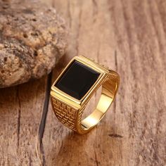 Stainless Steel Ring with Black Stone - Wnkrs Stone Ring Design Gold Men, Stone Gold Ring, Black Stone Ring, Ring Settings Types, Ring Man, Mens Rings Fashion, Gold Color Ring, Mens Gold Rings, Stylish Rings